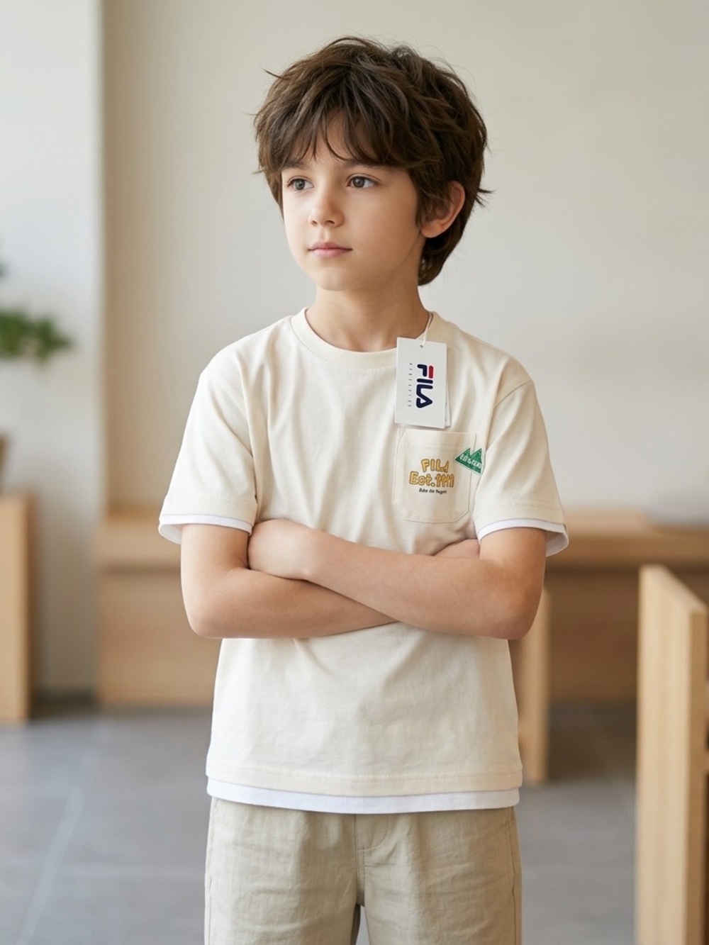 Fila Kids Cream Short Sleeve Tee with Mini Pocket Logo